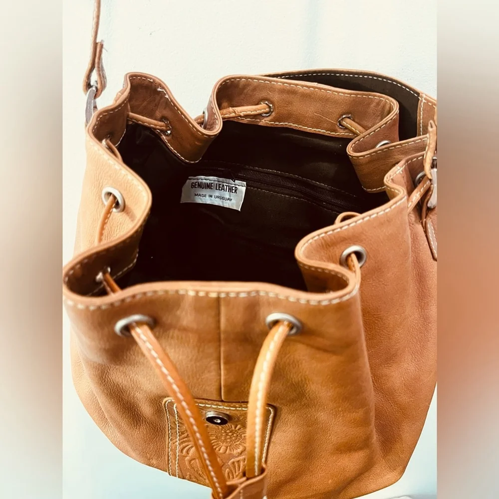 Vintage Brown Leather Floral Boho Crossbody Western Buckle Bucket Bag Purse - Picture 7 of 7